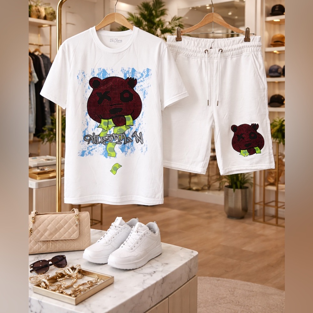 2 Piece Rhinestone Bear Short Set | Matching Tee & Shorts NWT